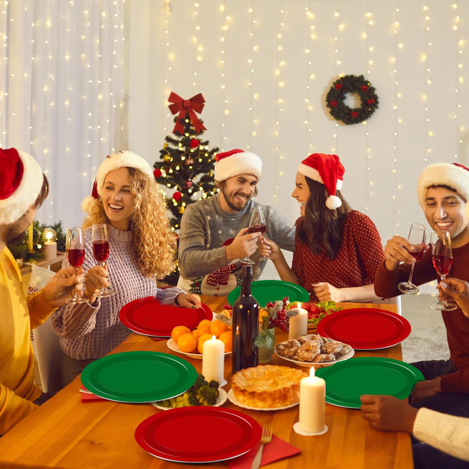 50 platos de papel ovalados de Navidad a granel, grandes, desechables, de 11 pulgadas, color rojo y verde, bandeja de platos resistente para Navidad, invierno, vacaciones, fiesta de cumpleaños,