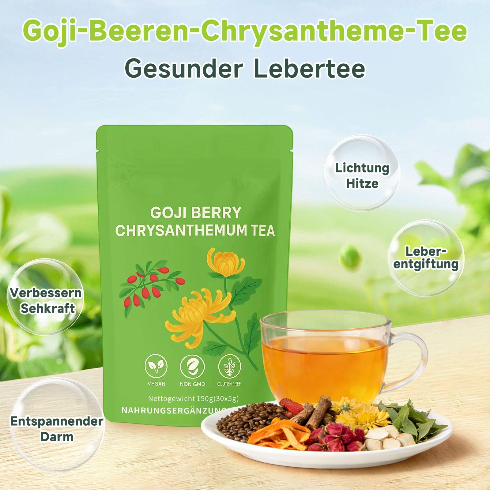 Detox Tee – Natürlicher Kräuter-Gesundheitstee mit Goji & Chrysanthemen – Chinesischer Tee zur Unterstützung der Leberbalance – 30 Teebeutel – 8 Pflanzenstoffe