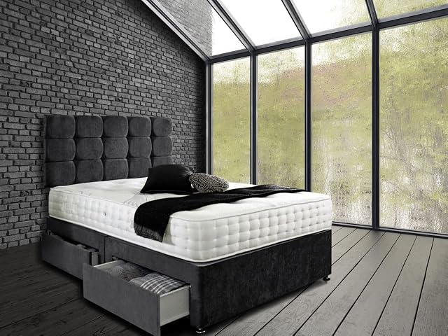 GHOST BEDS Capri Plush Divan Bed Set with 10" Orthopaedic Mattress and 24" Matching Headboard *Storage Available (Black, 2 Drawers Same Side, 2ft6 Small Single (75 x 190 cm))