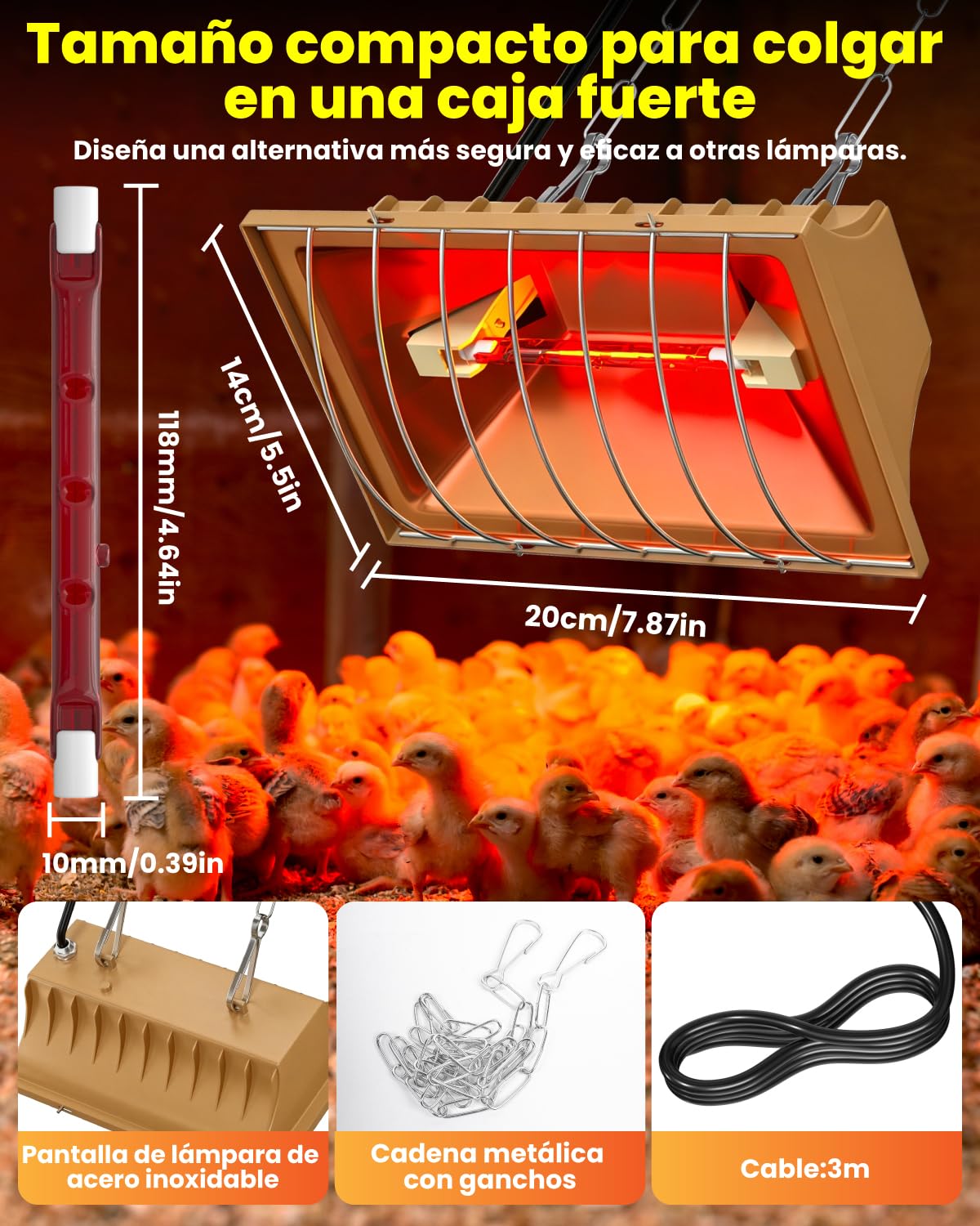 Lampara de Calor para Pollitos Con Interruptor Alto/Bajo (175W/275W), Incluye 2 Bombillas R7s, Cadena Ajustable para Colgar y Cable de 3m para Pollitos,Patitos,Cachorros y Ganado