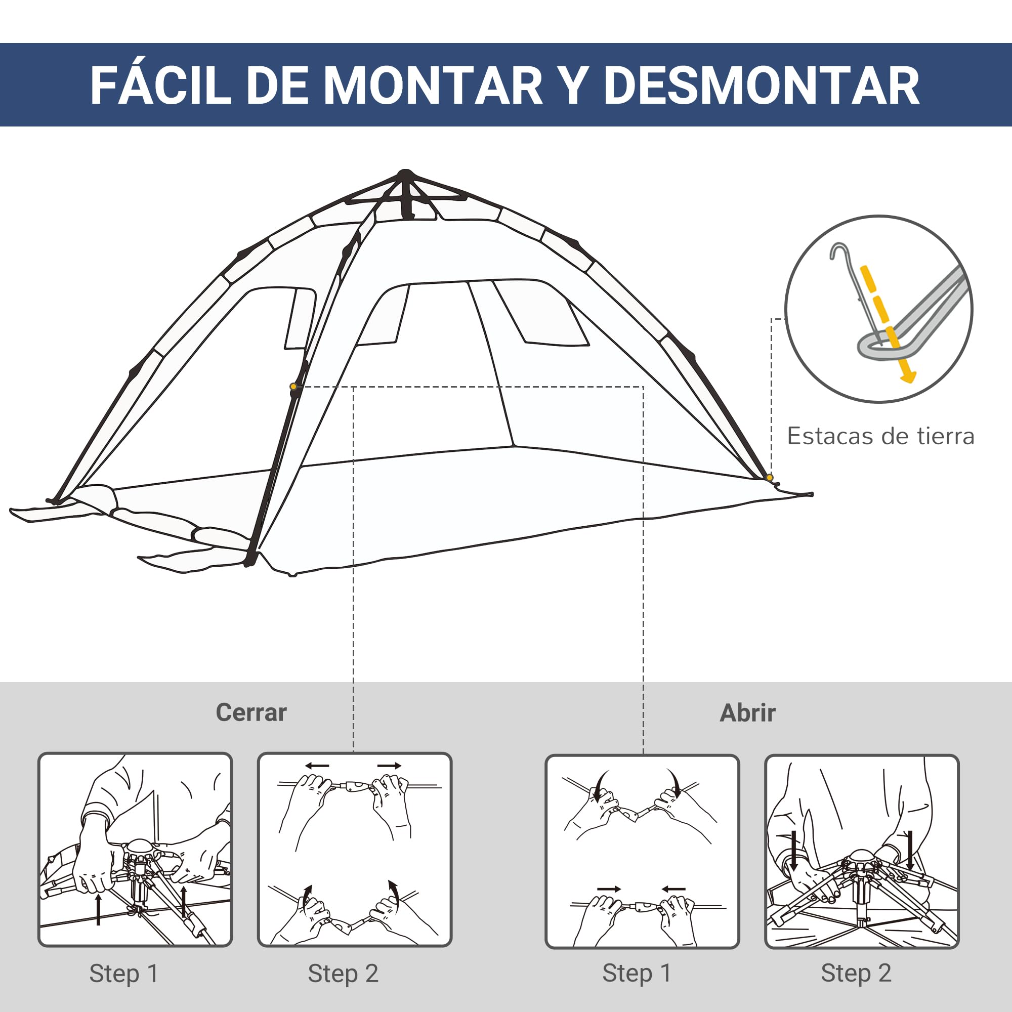 Outsunny Tienda de Playa Plegable, Carpa de Playa Pop-up para 1-2 Personas con Protección UV, Impermeable, Bolsa de Transporte, para Parque, Camping, 220x173x120 cm, Azul Oscuro