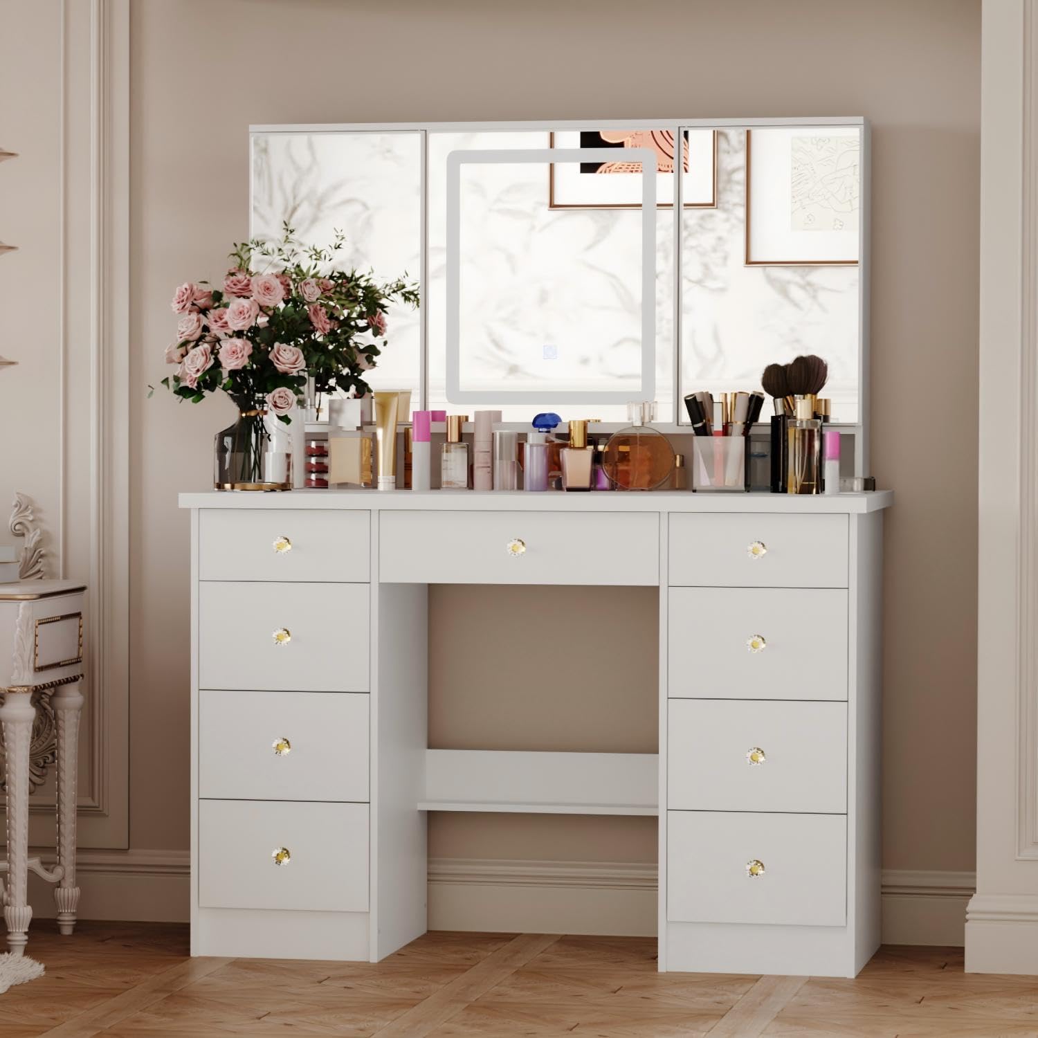FUFU&GAGA Vanity Desk with Mirror and Lights, Large Makeup Vanity with 9 Drawers, Modern Dressing Table with Hidden Shelves for Bedroom, White, 43.3”W x 19.7”D x 53.6”H