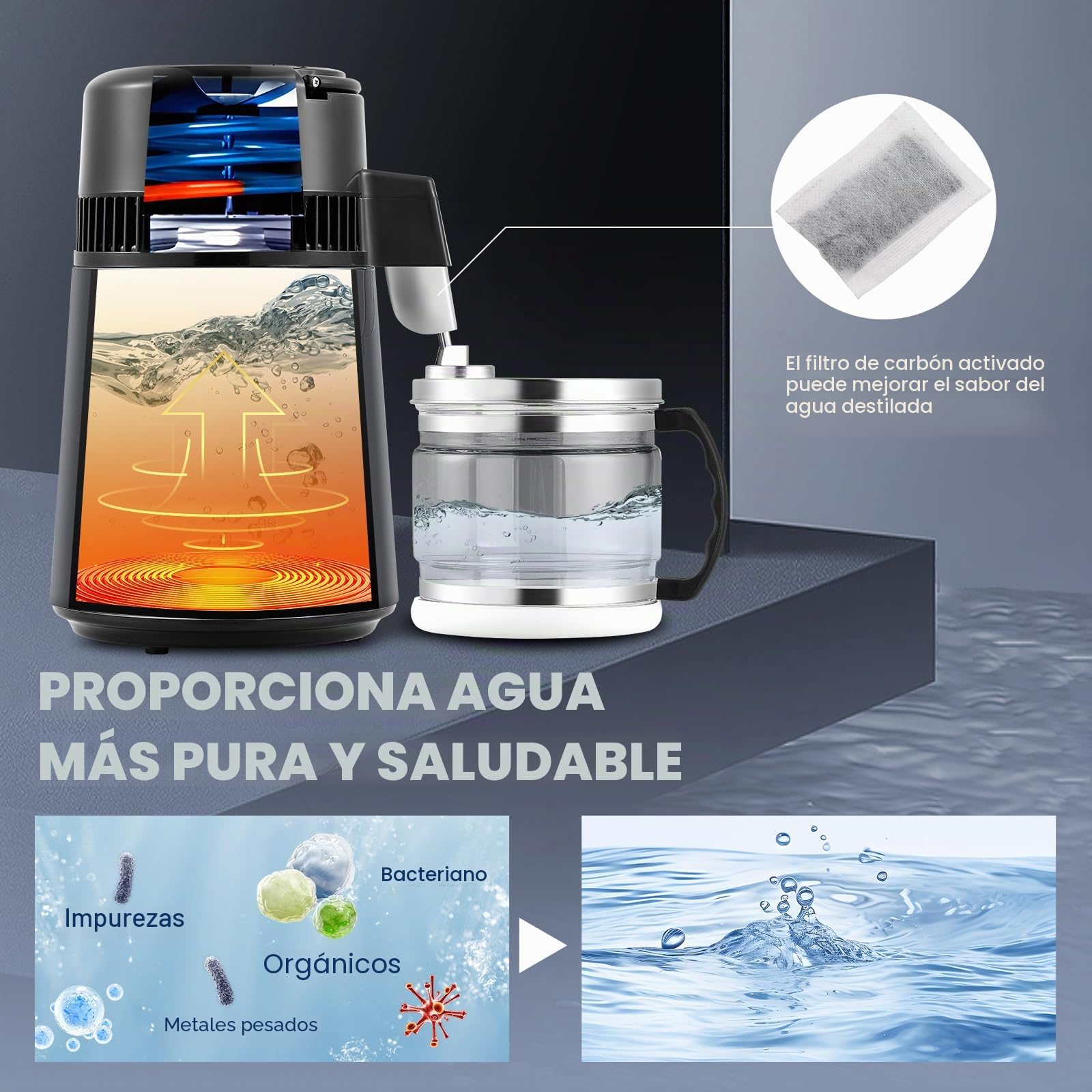 Hanchen Destilador de Agua 4L Acero Inoxidable Purificador de Agua con Jarra de Vidrio 1L/H Máquina de Agua Destilada para Hogares Laboratorios Industrias Jarra de Vidrio (Gris)
