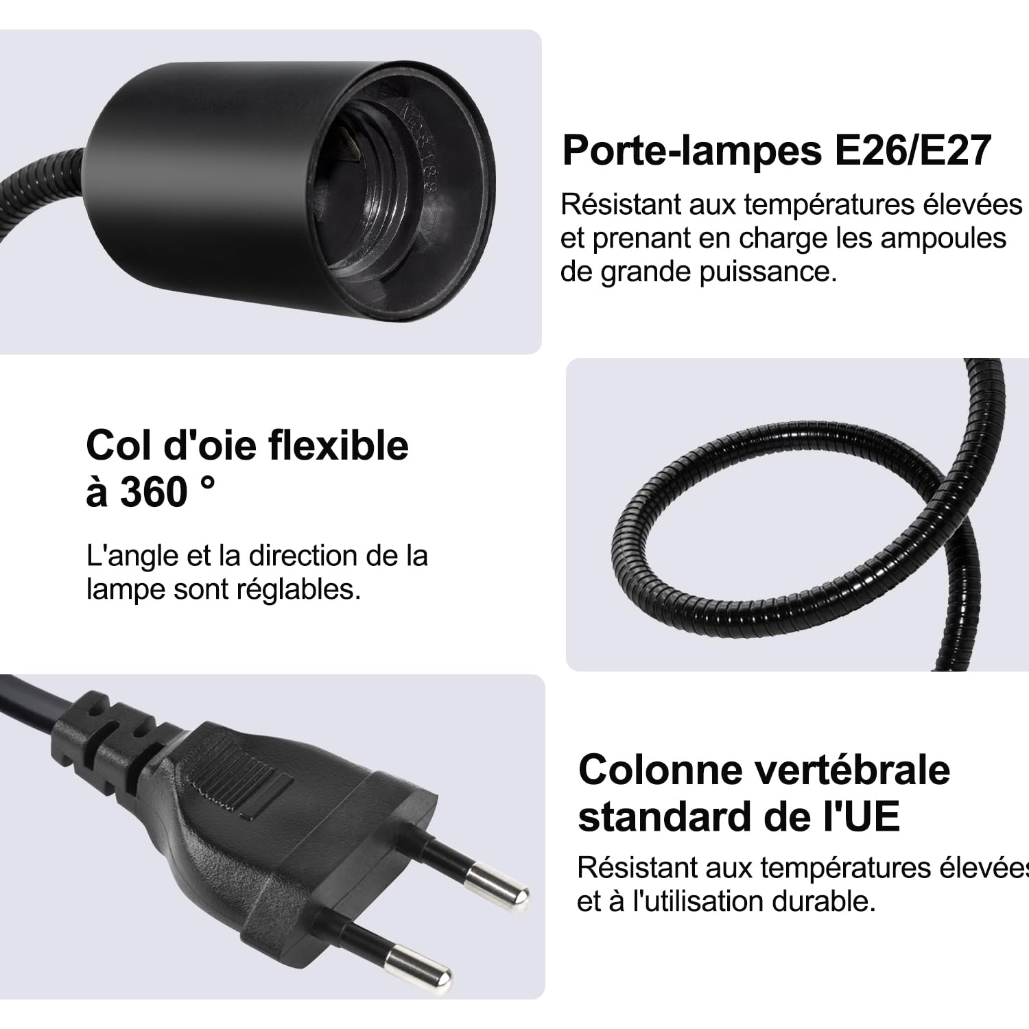 Lampe à Pince E27, 240CM Cable, 35CM Longueur 360°Flexible Col de Cygne, Douille E27, Lampes de Chevet avec Interrupteur