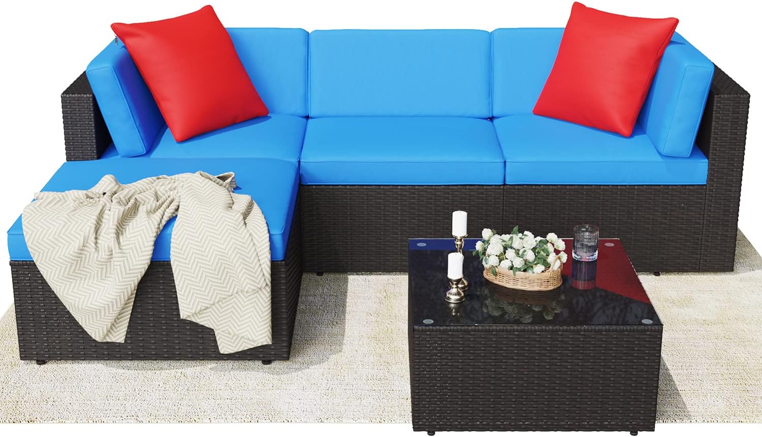 Greesum 5 Piece Patio Furniture Sets Outdoor Wicker Rattan Sectional Sofa with Cushions, Pillows & Glass Table, Blue