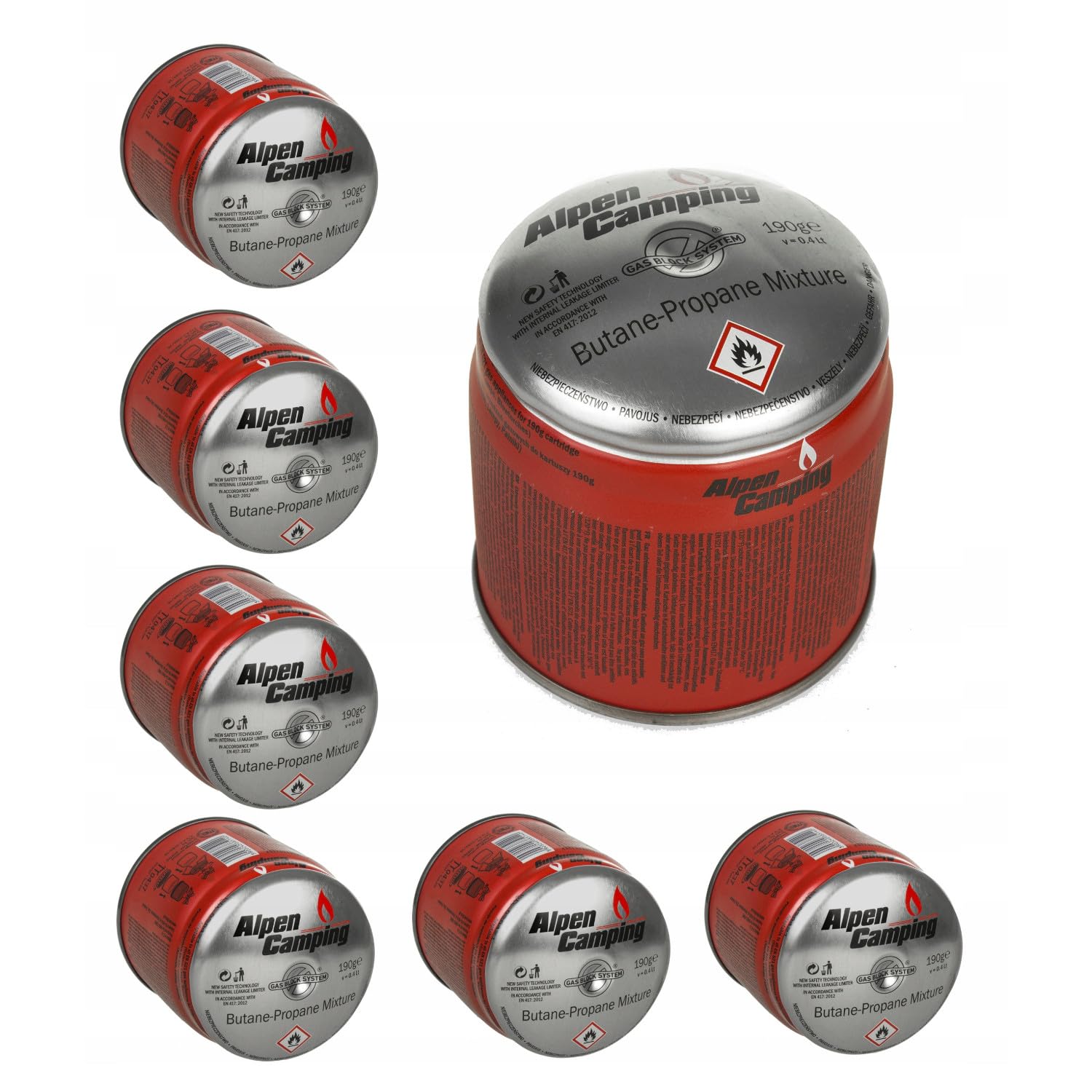 Alpen Camping 48x 400 ml 190g Gaskartusche Propan-Butan Stechkartusche für Gaskocher Campingkocher Bunsenbrenner Lötbrenner EN417 Gas Block System (48 Stück)