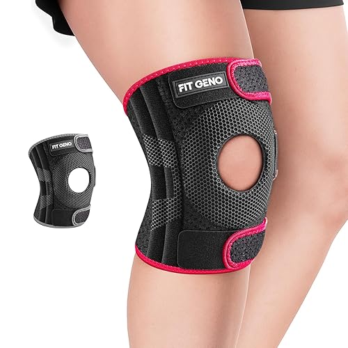 Fit Geno KneeXpert - Rodillera con estabilizadores laterales y almohadilla de gel para rótula, soporte de compresión ajustable para alivio del