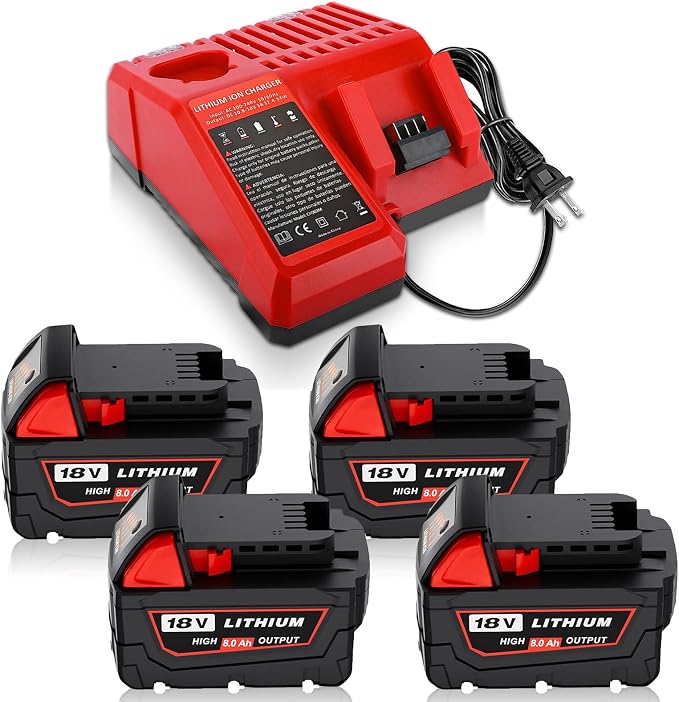 4PC 8.0Ah Replacement for Milwaukee 18 Volt Battery and 48-59-1812 Charger, Compatible with Milwaukee 18V Hammer Drill, Impact Driver, Sawzall, Vacuum(Multi-5Pack)