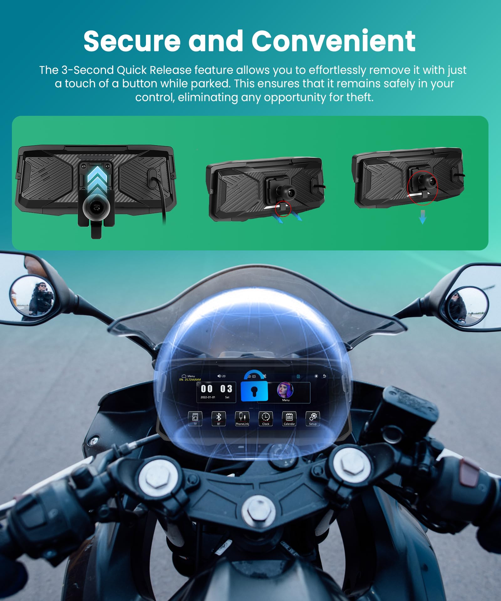 VECHTEL Motorrad Navi Kabelloses CarPlay und Android Auto per Moto, 6.86 Zoll HD Touchscreen GPS Navigation für Motorrad mit IP68 Wasserdicht, Bluetooth, EQ, Assistente Siri/GOO-gle, TPMS