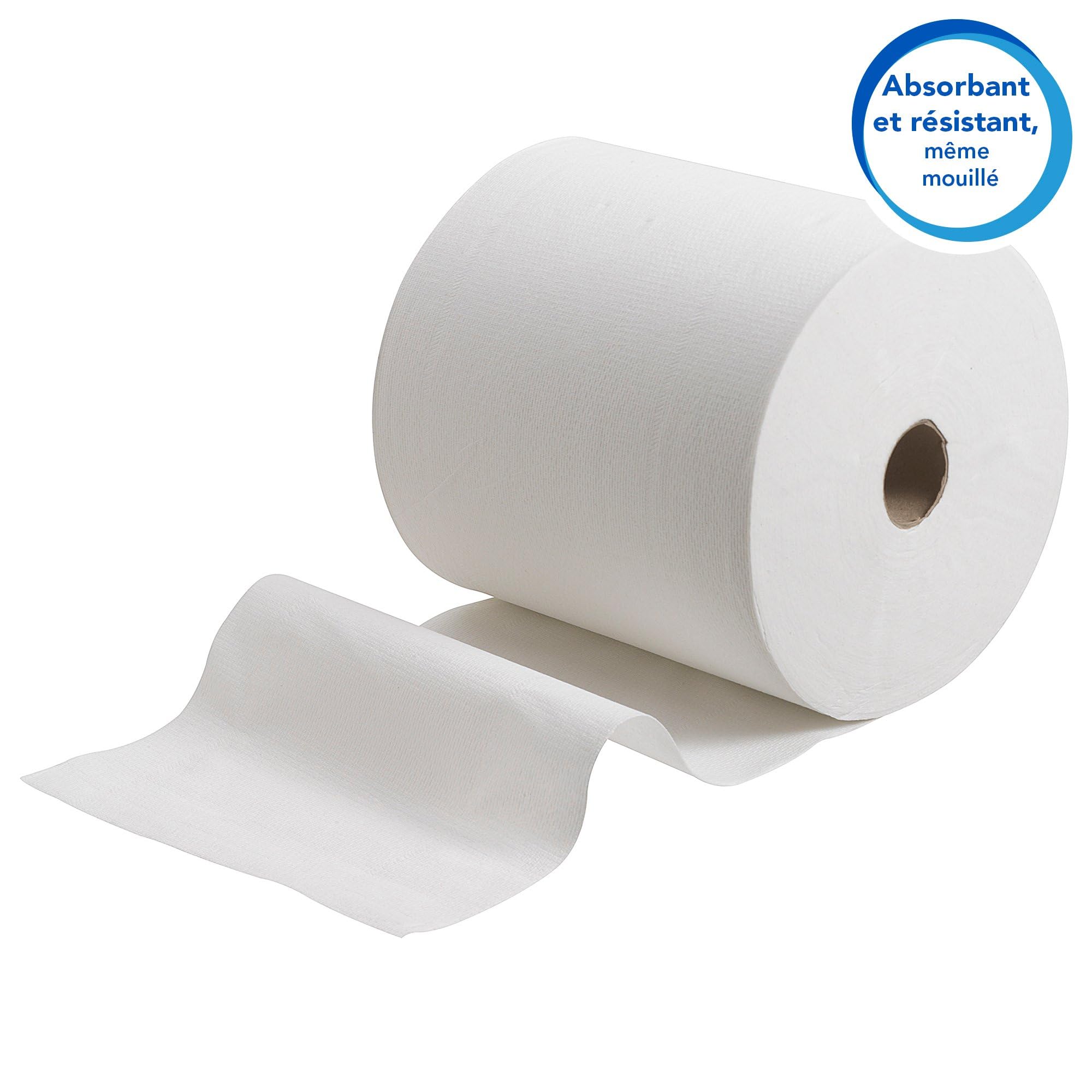 Scott Essuie-Mains Roulés 6667, 1 Épaisseur, Blanc, Ultra Absorbants, Certifiés Contact Alimentaire, Idéal pour Zones Sanitaires à Forte Fréquentation, 6 Rouleaux x 304 m (1 824 m au Total)