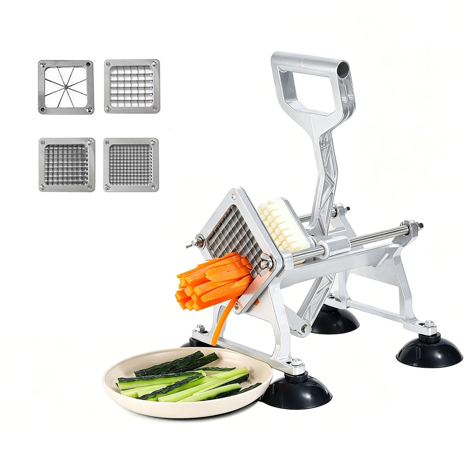 Cortador de Patatas Fritas Manual, Cortadora Profesional de Verduras con 4 Cuchillas Intercambiables de Acero Inoxidable, Base con Ventosas Antideslizantes, para Cocina Doméstica