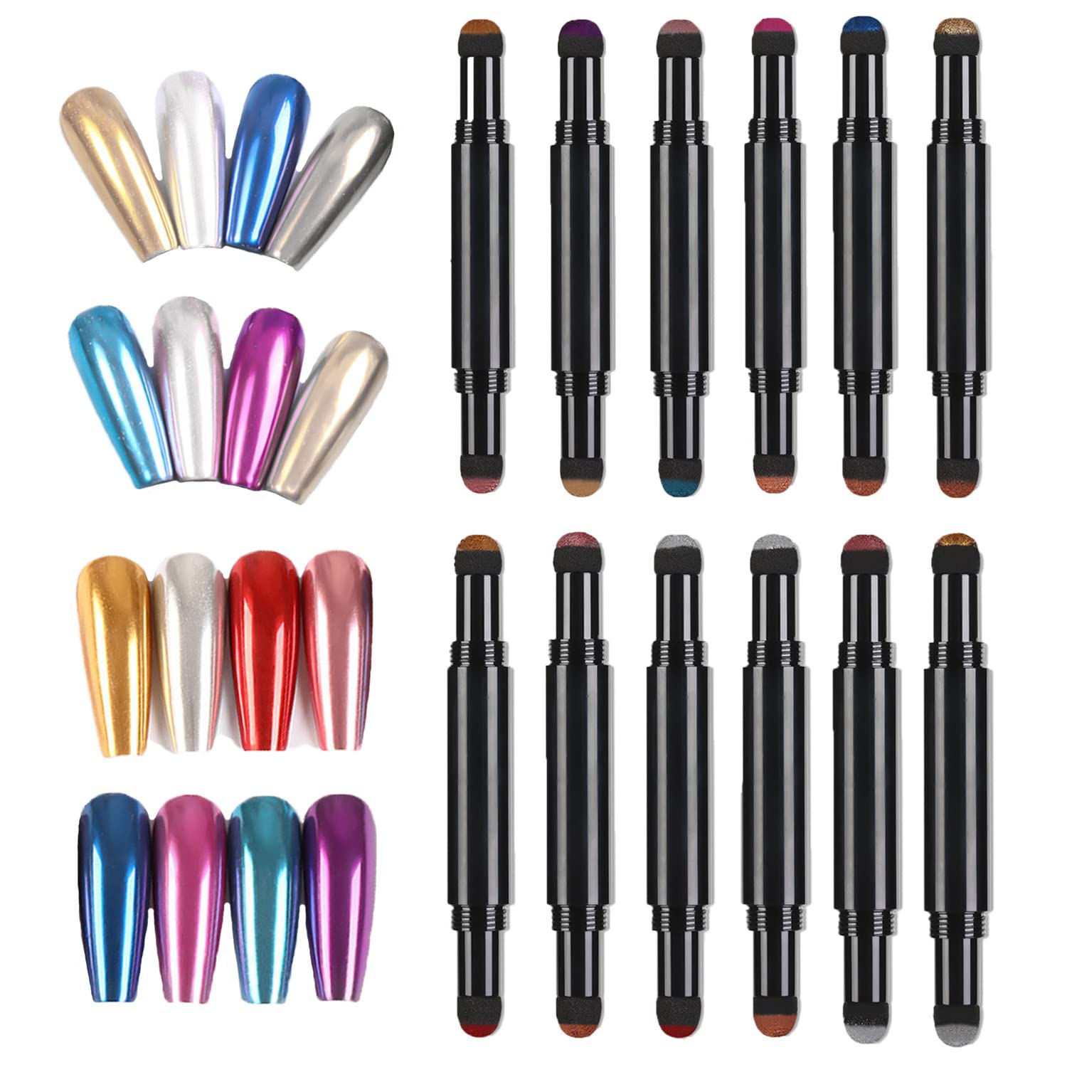 12 Pcs Nail Polish Pen Double Sponge Heads 24 Colors Chrome Nail Powder Air Cushion Mirror Nail Polish Holographic Powder Mirror Effects Nail Art Pens (colorful (12 pcs))