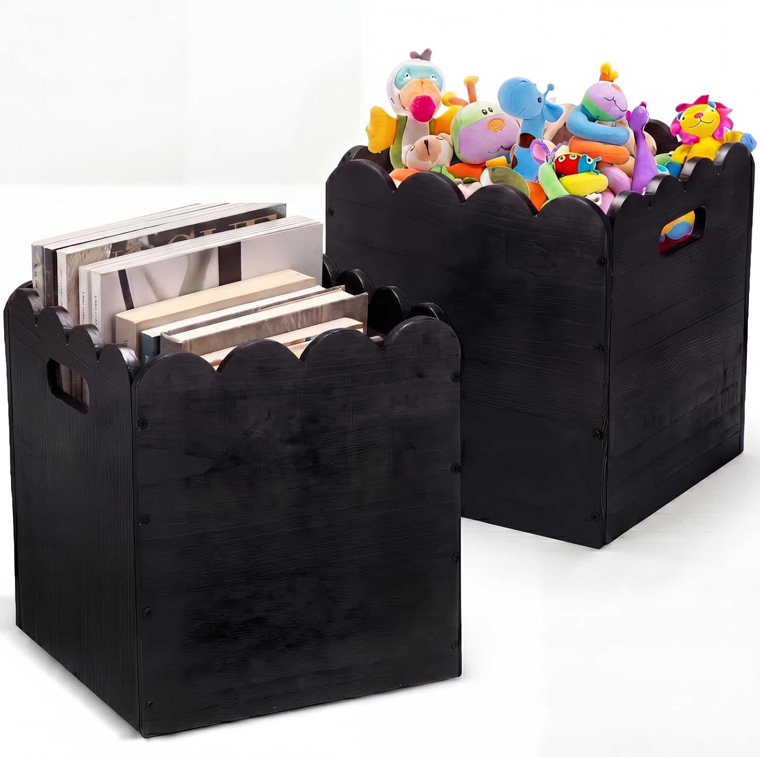 LemonRoad 2 Pcs 11 Inch Wooden Storage Bins with Scalloped Edge Stackable Wooden Storage Cubes Black Decorative Wood Crates for Book Shelves Vinyl Records, Pantry Closet Toys, Easy Assembly