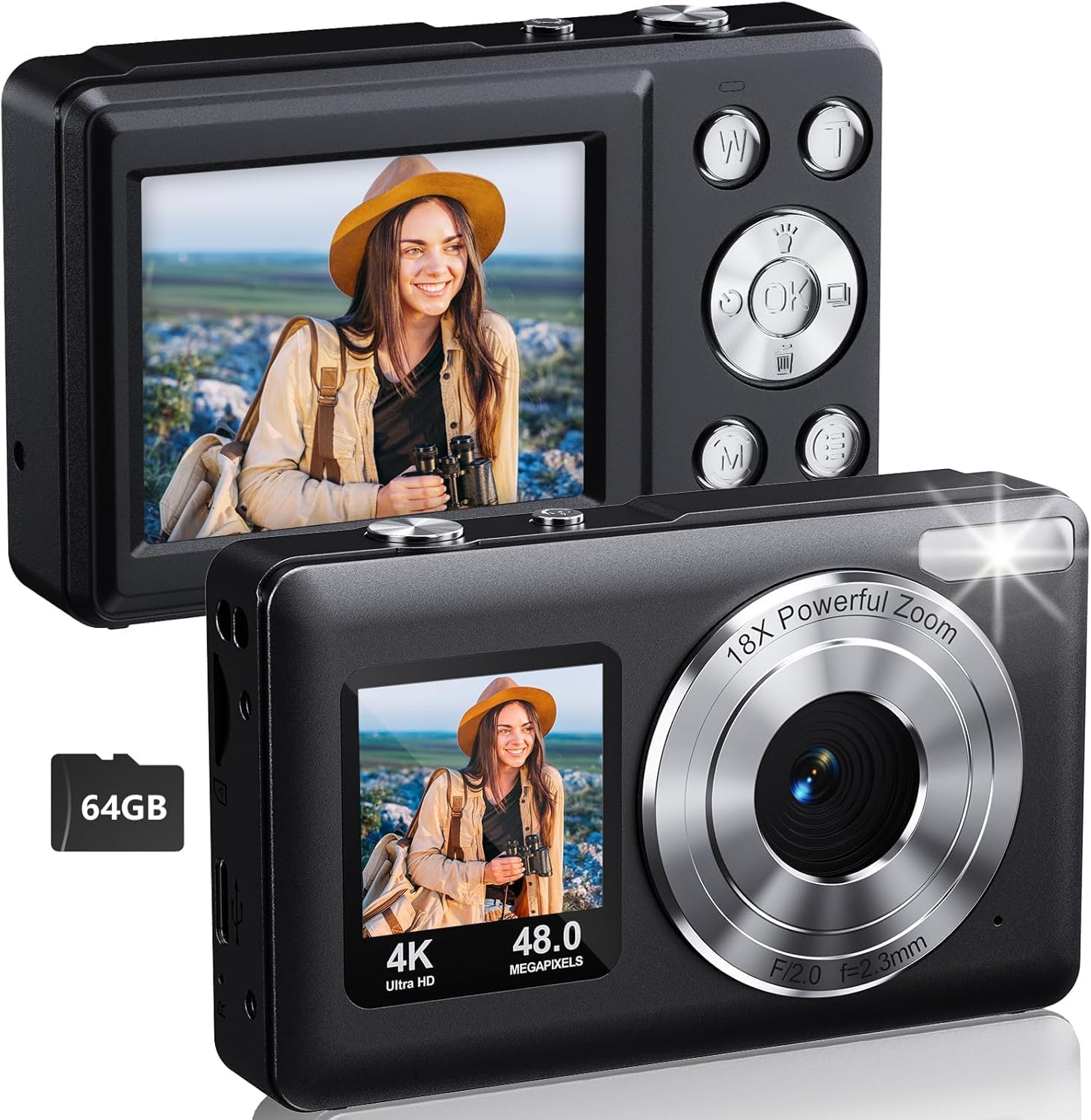 DIVINE Digital Camera 4K 48MP Kids Camera, Dual Screen & Autofocus Point and Shoot Digital Cameras with 64GB SD Card, 16X Zoom, Built-in Batteries (DDC-75)