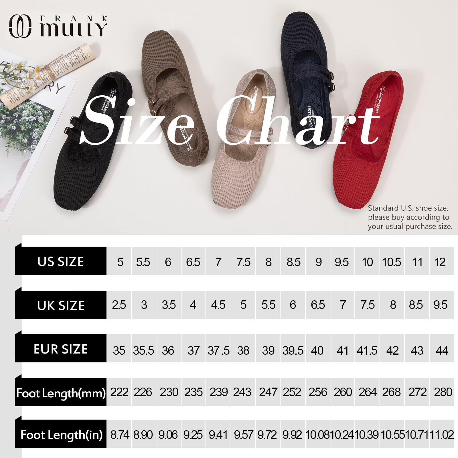 Frank Mully Damen-Ballerinas mit eckiger Spitze, Mary-Jane-Schuhe, Ballerinas mit Riemchen, bequeme Slipper aus Strick, elegant-leger