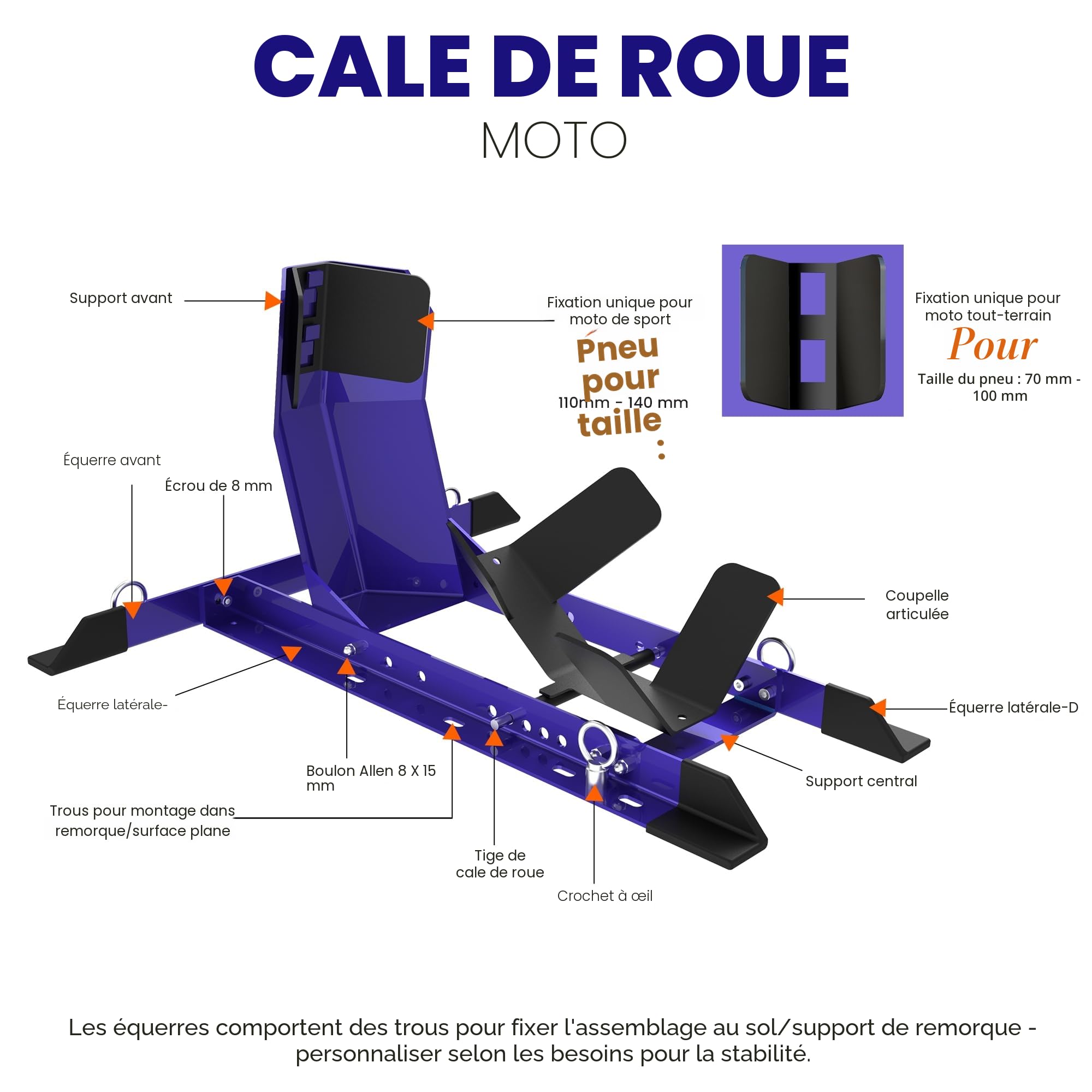 GRAND PITSTOP Cale de roue universelle pour Crusier, Sports et Dirt Bikes, support de moto robuste pour remorque, entièrement réglable, amovible, cale de roue pliable. (taille des pneus de 33 cm à 66
