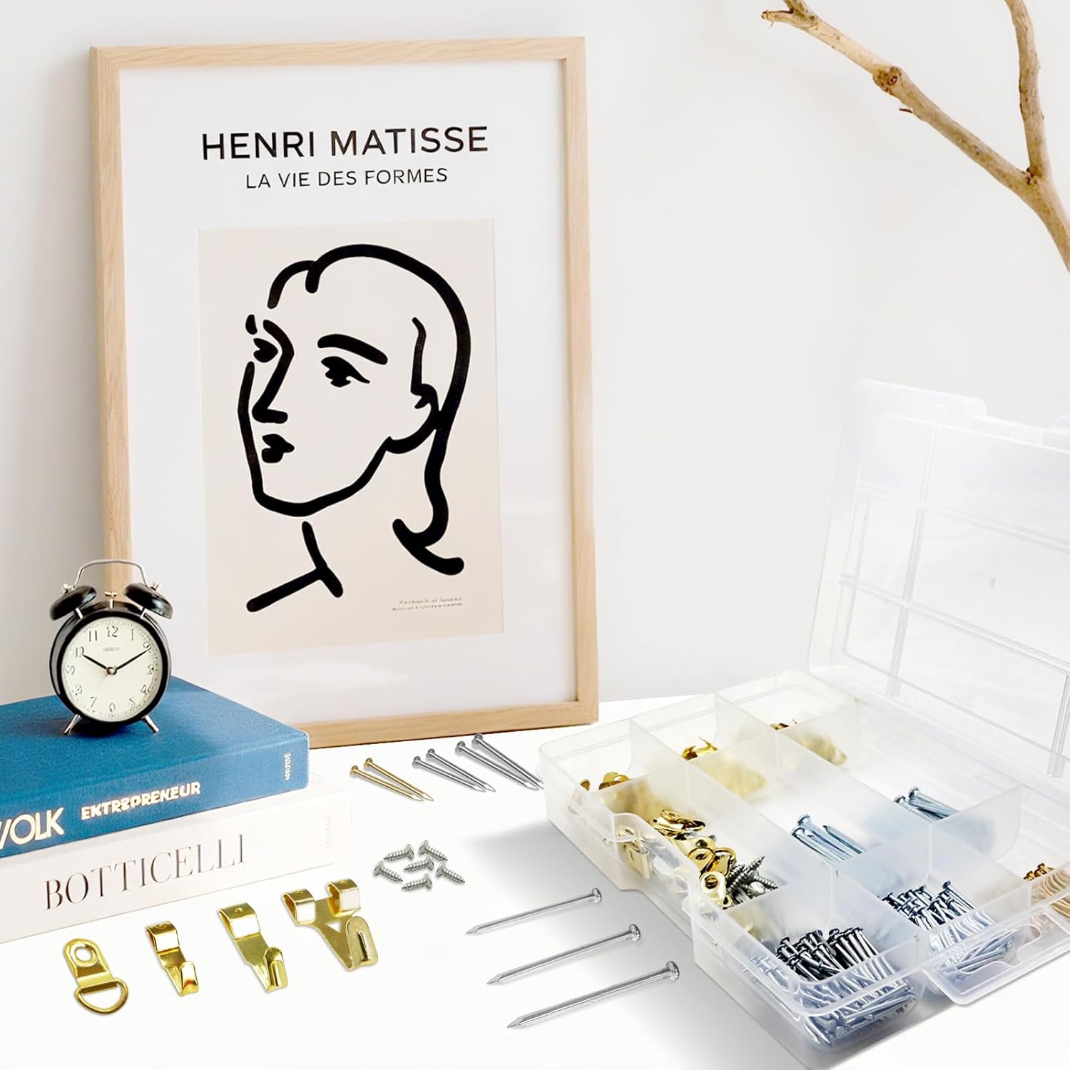 308Pcs Picture Hanging Kit, Hanging Hardware with Hooks, D Ring, Nails, Wire Wall Hanging Kits with Magnetic Level, Small Pink Claw Hammer for Hanging Pictures Frame Painting Home Office Wall Decor