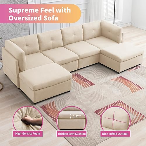 Miniatura 10 de FRETSAE Sofá modular seccional, sofá convertible en forma de U con otomanas extraíbles, diseño capitoné, sofá modular de 6 asientos para sala de
