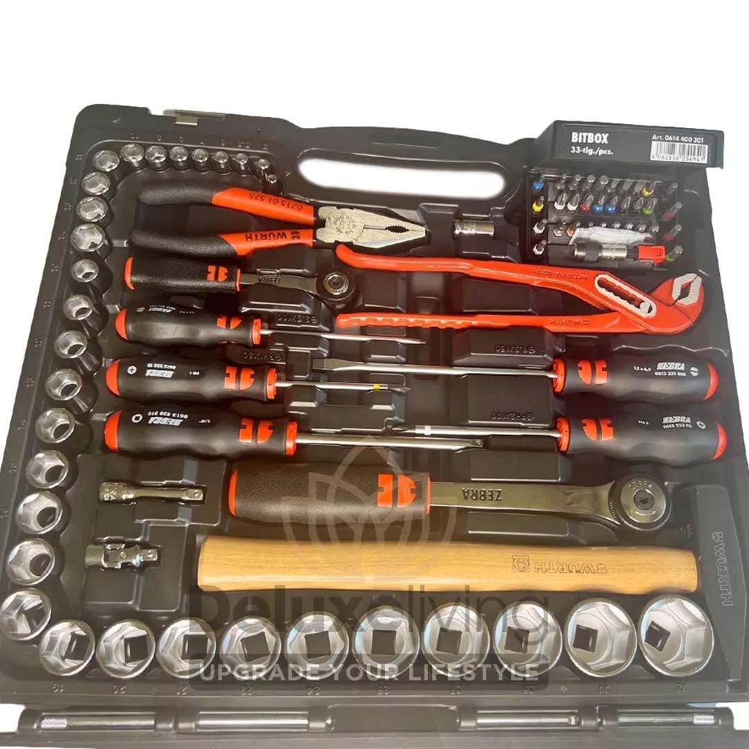 Würth Set di attrezzi universali – 93 pezzi in robusta valigetta di plastica con molti strumenti comuni per tuttofare