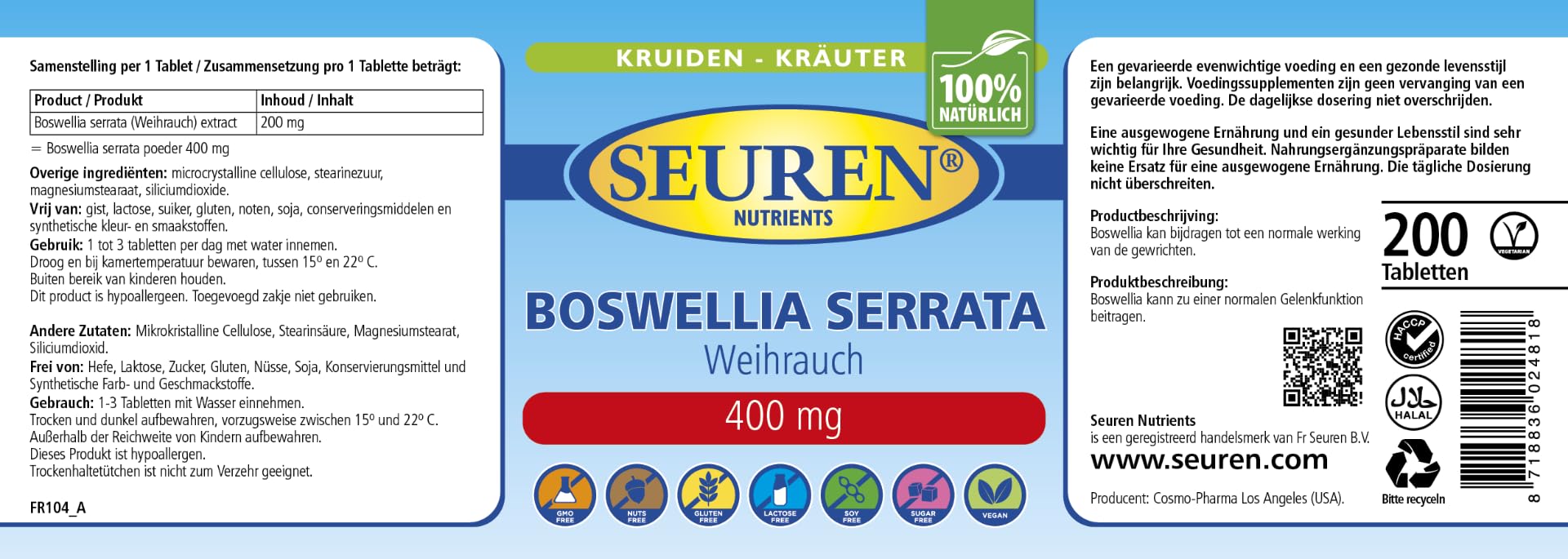 Seuren Nutrients | Boswellia Serrata/Weihrauch | 200 Tabletten | Hochdosiertes Weihrauch | 100% Natürlich | Glutenfrei | Laktosefrei und Zuckerfrei |