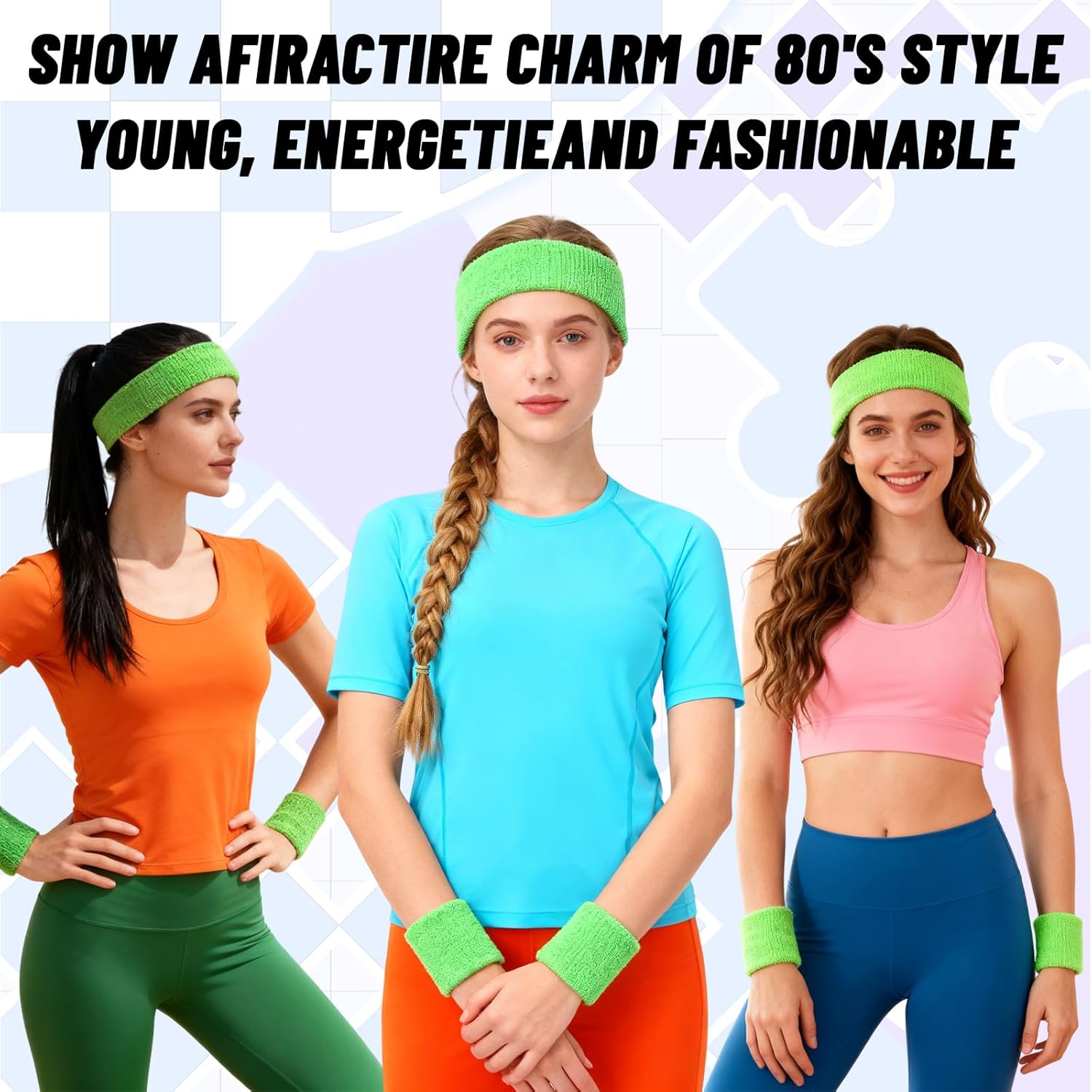 6 Pcs Neon Sports Sweatbands Set - 2 Headband 4 Wristbands, 80s 90s Neon Sport Headband Tennis Striped Sweat Band, Breathable Cloth Athletic Bands for Basketball Tennis Costumes Cosplay - Image 4