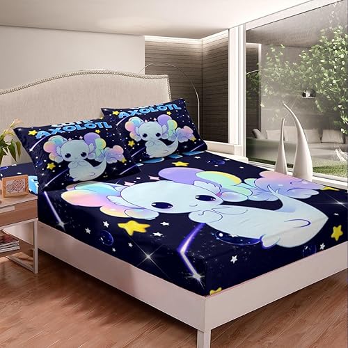 Miniatura 3 de Juego de sábanas de ajolote de galaxia tamaño King, lindas sábanas de ajolote con sábana bajera de bolsillo profundo para niños, juego de sábanas de