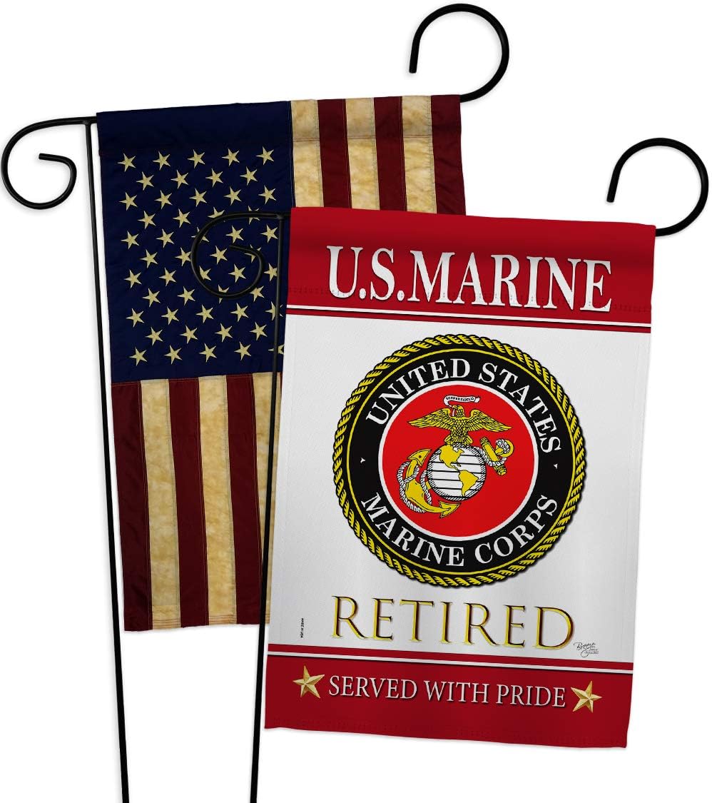 US Marine Retired Burlap Garden Flags 2pcs Pack Armed Forces Corps USMC Semper Fi United State American Military Veteran Retire Official Small Gift Yard House Banner Double-Sided 13 X 18.5