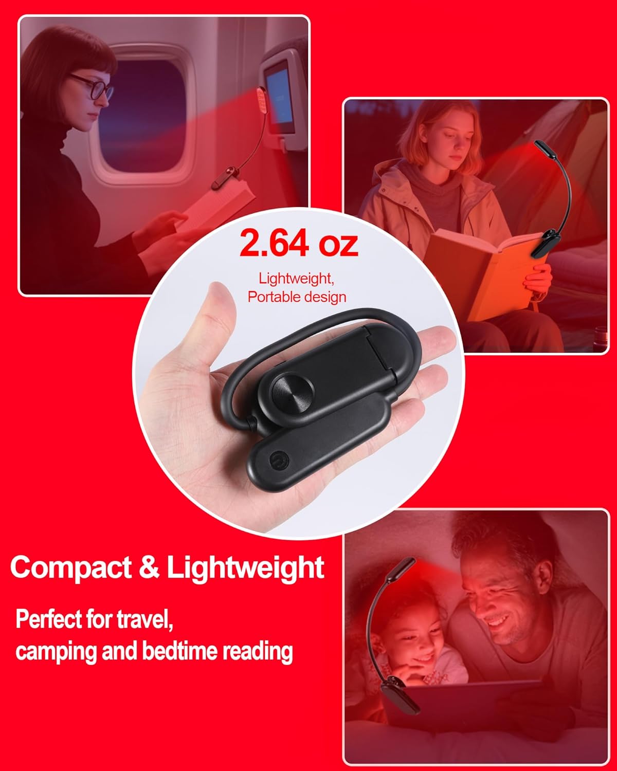 670nm Red Book Light [2 Pack] - Zero Blue Light, Rechargeable Clip On Red Reading Light Lamp for Reading at Night - Poratble Dimmable LED Book Lamp, Gift for Lovers Travel Studying Nursing