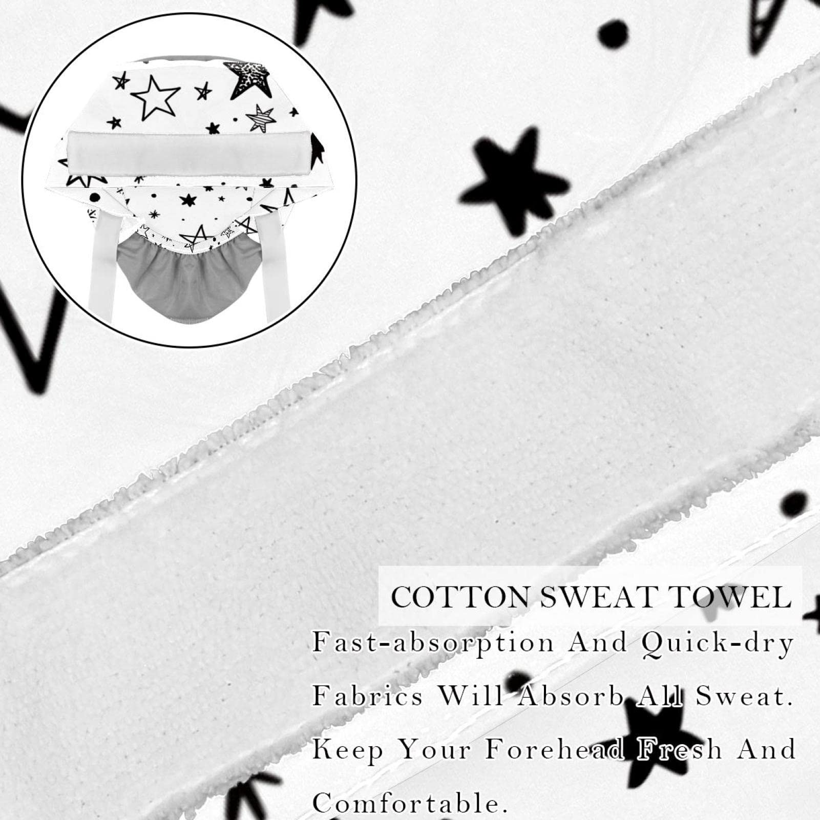2 Pcs Working Cap with Buttons Sweatband Black White Stars Pattern Hand Drawn Ribbon Tie Back Bouffant Hats
