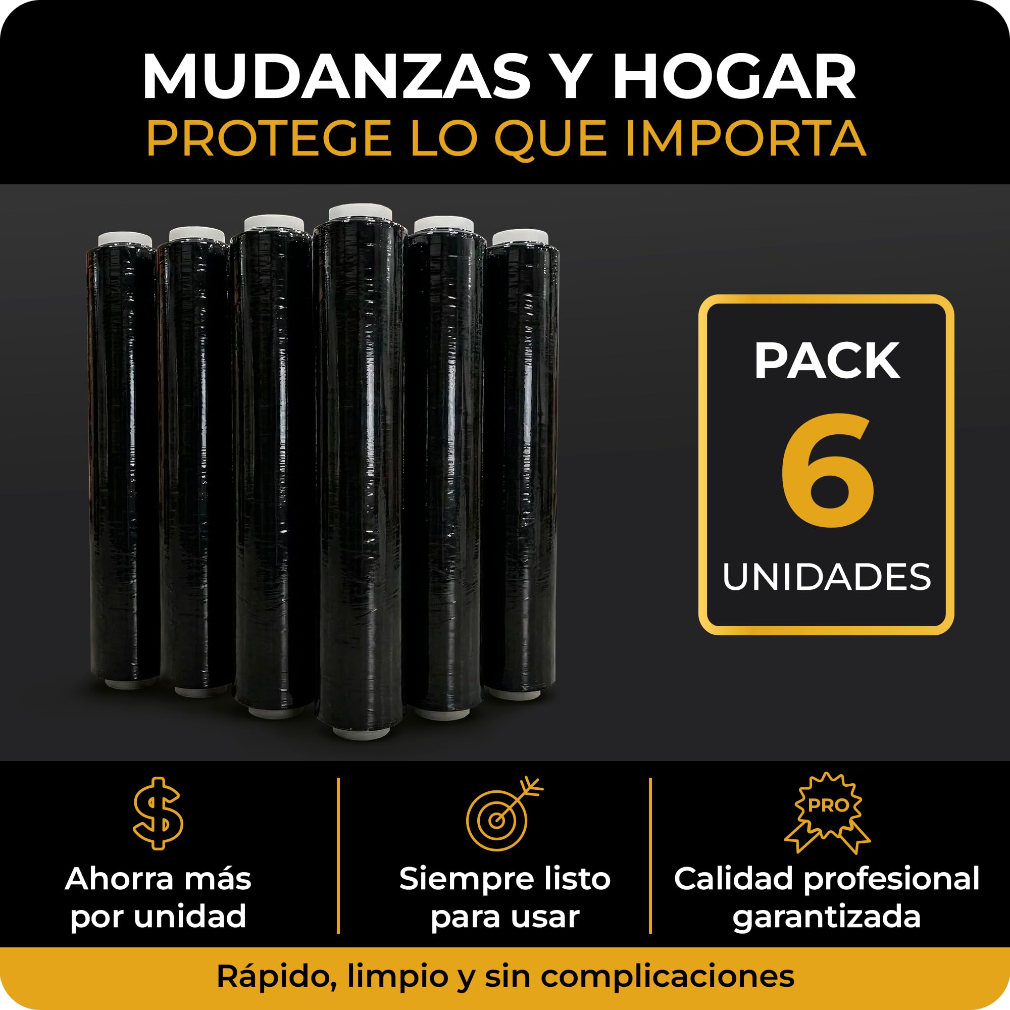 6 x Film Estirable Negro 25 Micras 50 cm x 2 Kg | Coreless System con Hasta un 20% Más Film Útil | Film para Paletizar Palets, Embalaje Profesional, Mudanzas, Almacén y Logística | Cia&Co (Pack de 6)