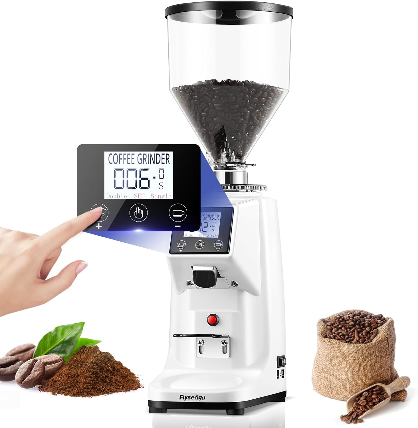 Commercial Coffee Grinder Electric Flat Burr Coffee Bean Grinder with 19 Settings Touch Screen Espresso Machine with Large 35oz Hopper, White