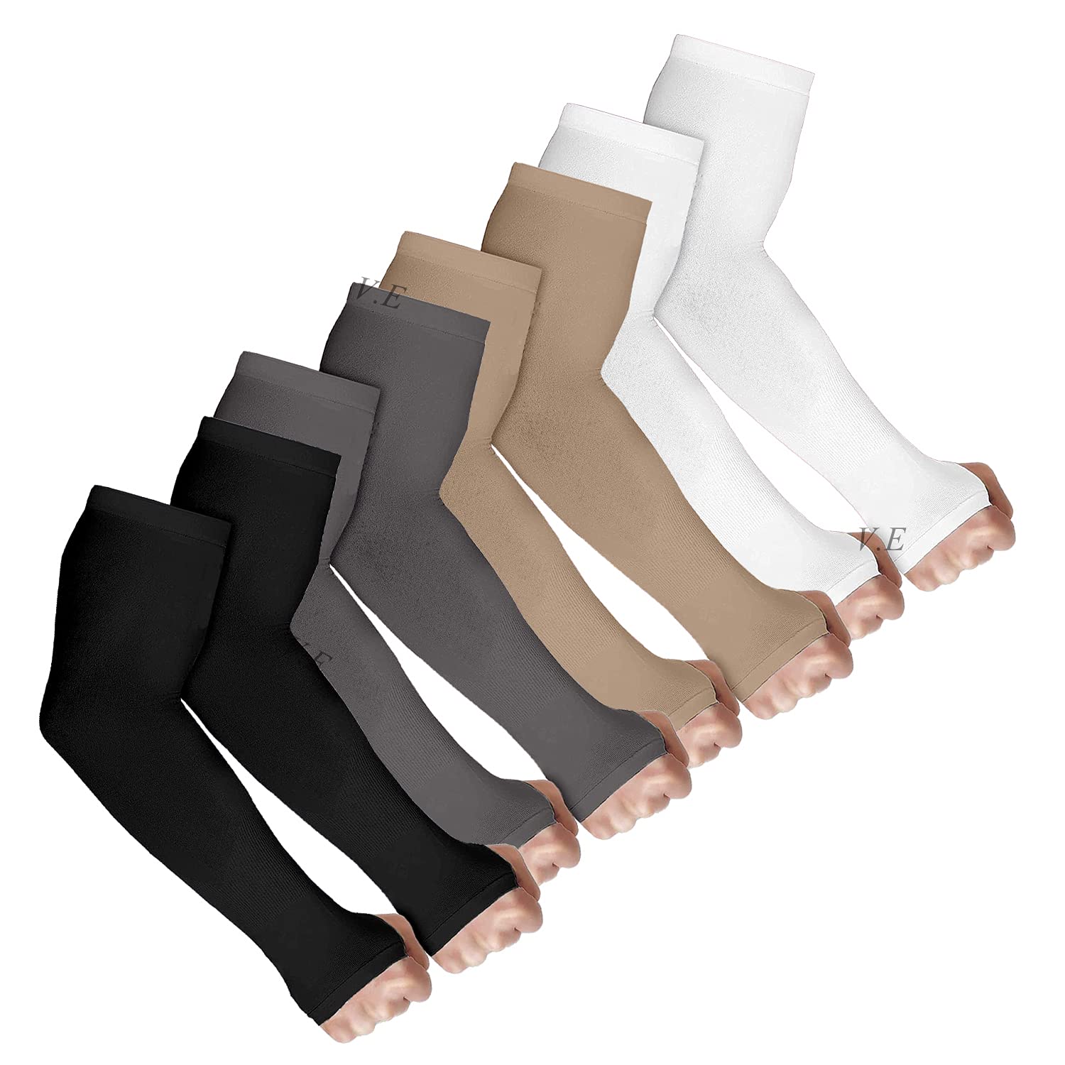 V.E UV Sun Protection Arm Sleeves for Men & Women, UPF 50 Arm Cover for Biking,Cricket,Cycling, Golf, Outdoor Sports, 4 Pair-Black,Grey,Skin and White Color, Free Size