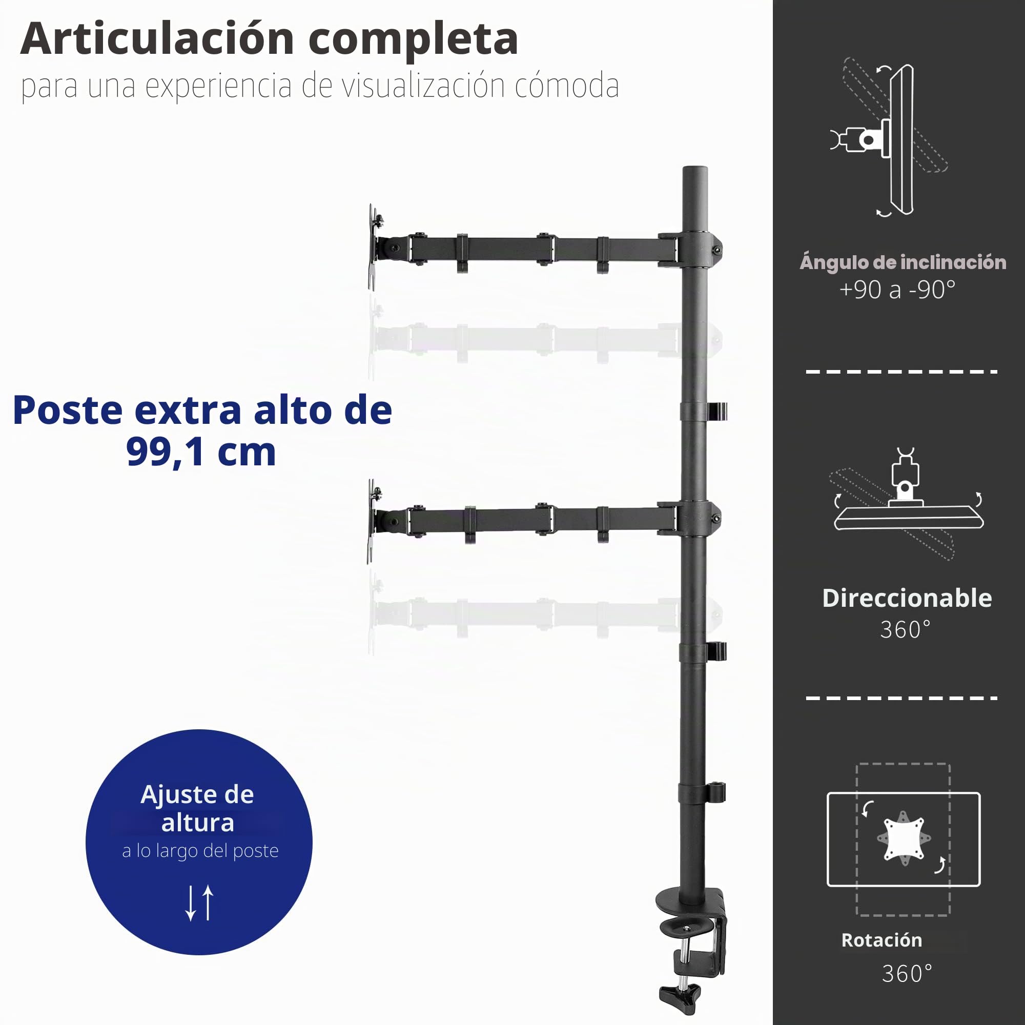VIVO STAND-V012T - Soporte de Escritorio para Monitor Doble (Altura Vertical, Barra de 99 cm, Brazos extendidos Totalmente Ajustables, se Adapta a 2 Pantallas de hasta 27 Pulgadas)