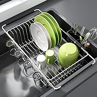 JASIWAY Expandable Stainless Steel Dish Drying Rack Over Sink or In Sink with Utensil Holder, Space-Saving Kitchen Drainer, Silver