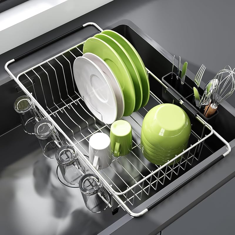 JASIWAY Escurridor de platos en fregadero, escurridor de platos con soporte para tazas y utensilios | Colador extensible sobre el fregadero de acero inoxidable, rejilla secadora para cocina pequeña, ahorro de espacio en el mostrador, drenaje rápido, resistente al óxido