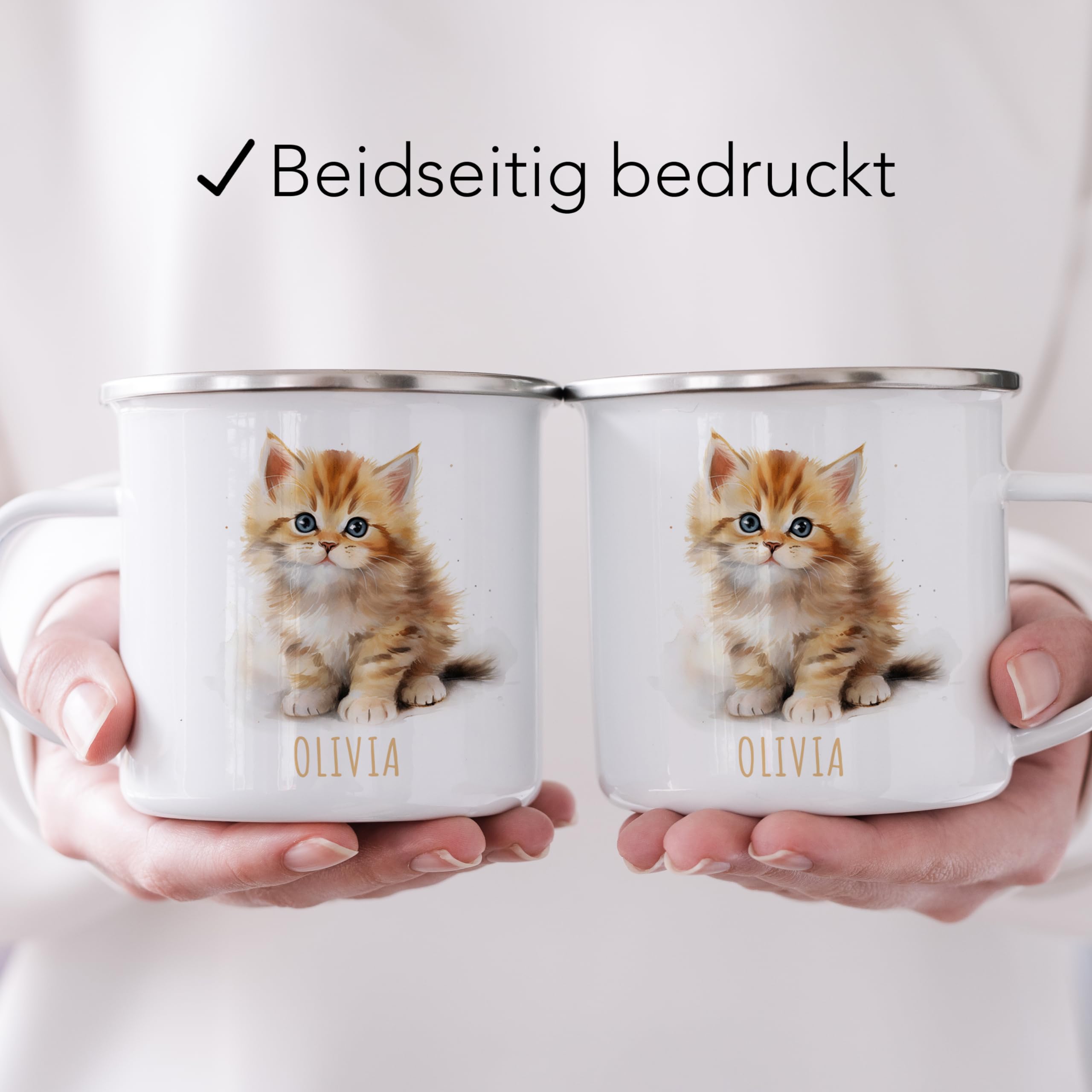 Katze Emaille Tasse Kinder Trinkbecher personalisierte Kindertasse mit Namen süßer Kinderbecher für Mädchen & Jungen Geschenk Emaille Becher 300 ml