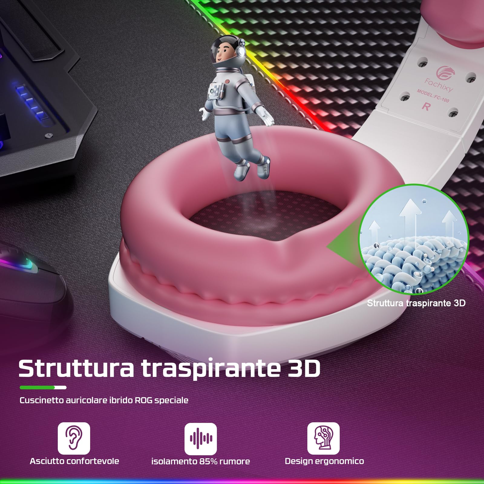 Fachixy 「2024 New」 FC100 Cuffie Gaming per PS4 PS5 PC Xbox Nintendo Switch, con Luce RGB, con Microfono, Audio Stereo, con Cancellazione Del Rumore con filo - BIANCO ROSA