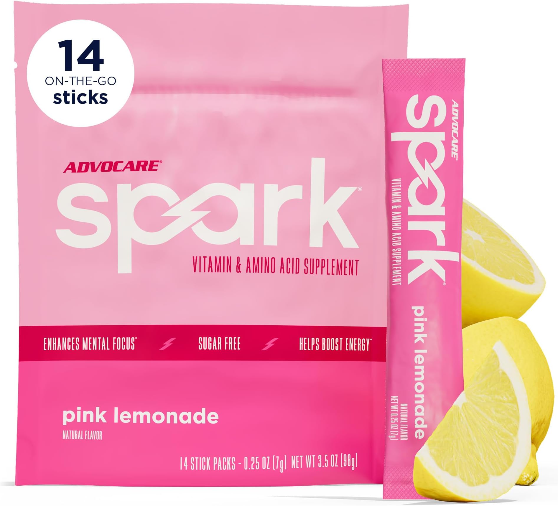 Spark - Energy Drink Mix - Vitamin & Amino Acid Supplement - Supports Energy & Focus* - Portable Immune Support* - Sugar-Free - Pink Lemonade, 14 Stick Packs (3.5 oz)
