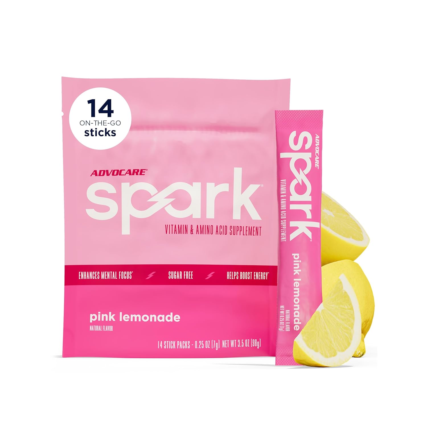 AdvoCare Spark - Energy Drink Mix - Vitamin & Amino Acid Supplement - Supports Energy & Focus* - Portable Immune Support* - Sugar-Free - Pink Lemonade, 14 Stick Packs (3.5 oz)
