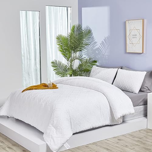 Miniatura 3 de Luxlovery Juego de edredón de jacquard blanco, tamaño King, bohemio, color blanco liso, copetudo con bordado de diamante, acogedor y bohemio, juego