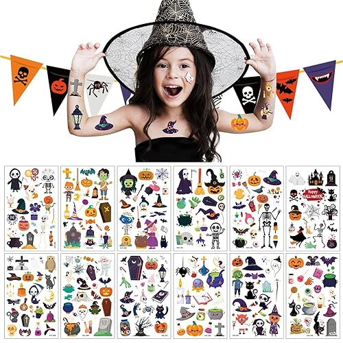 Miniatura 4 de Tatuaje temporal de dibujos animados para niños, 20 hojas de 360 tipos de lindos fantasmas, calabaza, brujas, murciélagos, telaraña, calcomanías de
