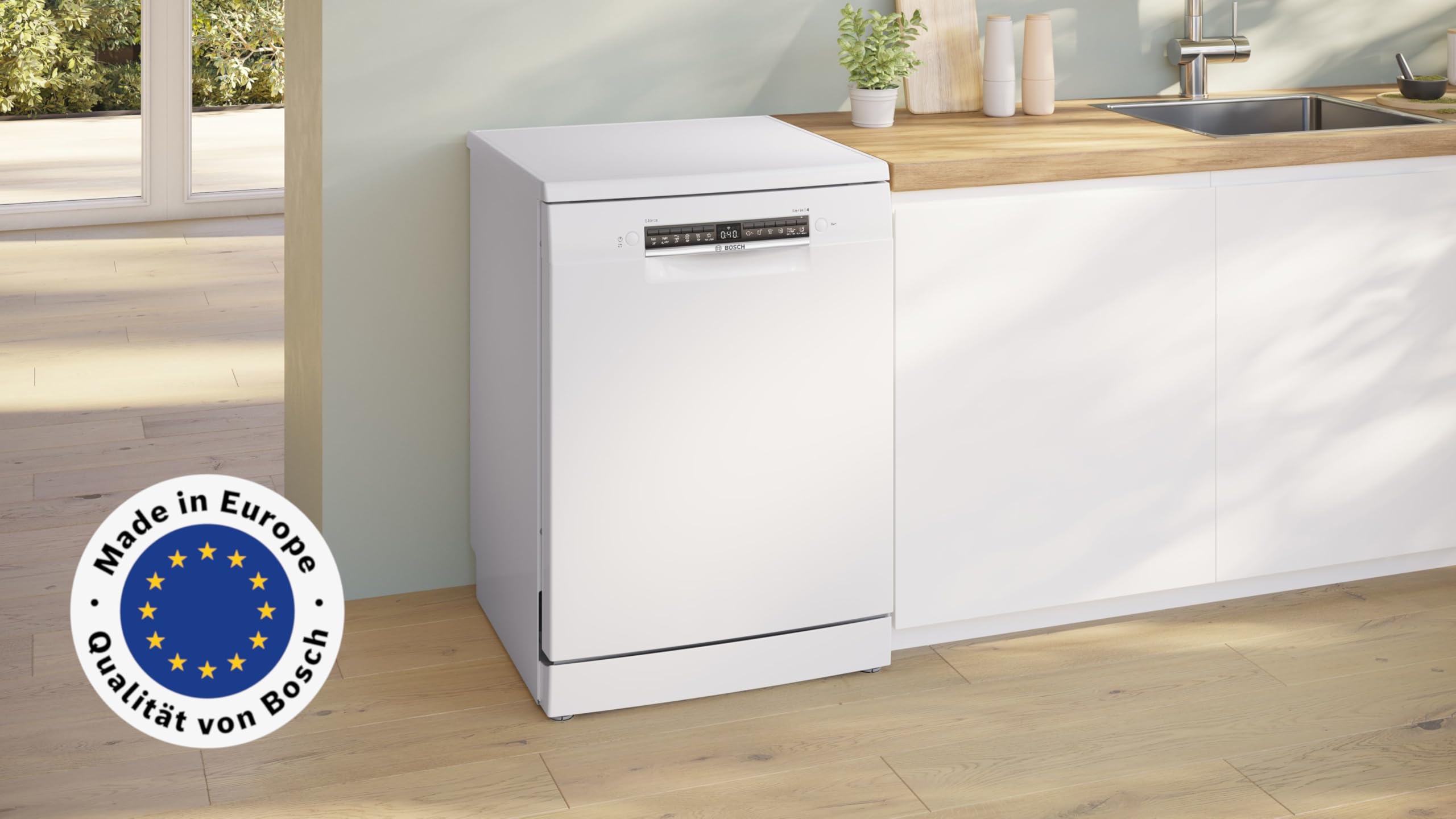 Bosch SMS4HTW16E Serie 4 Freistehender Geschirrspüler, 60 cm, Smart Start, 3-fach Rackmatik, Aquastop, Ferndiagnose, Extra Trocknen, Vario Besteckkorb, EcoSilence drive, Weiß