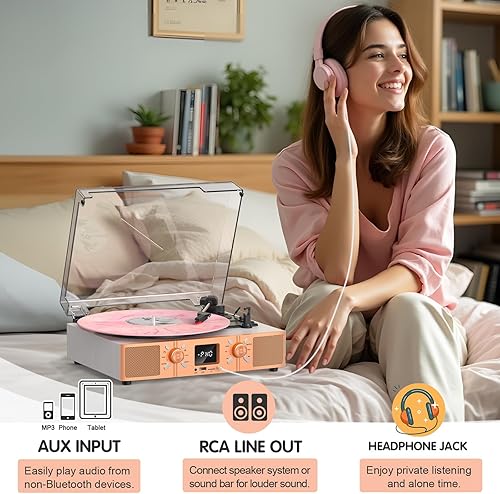 Miniatura 7 de Reproductor de discos de vinilo, reproductor de discos Bluetooth con grabación USB y altavoces integrados, tocadiscos de 3 velocidades, reproductor