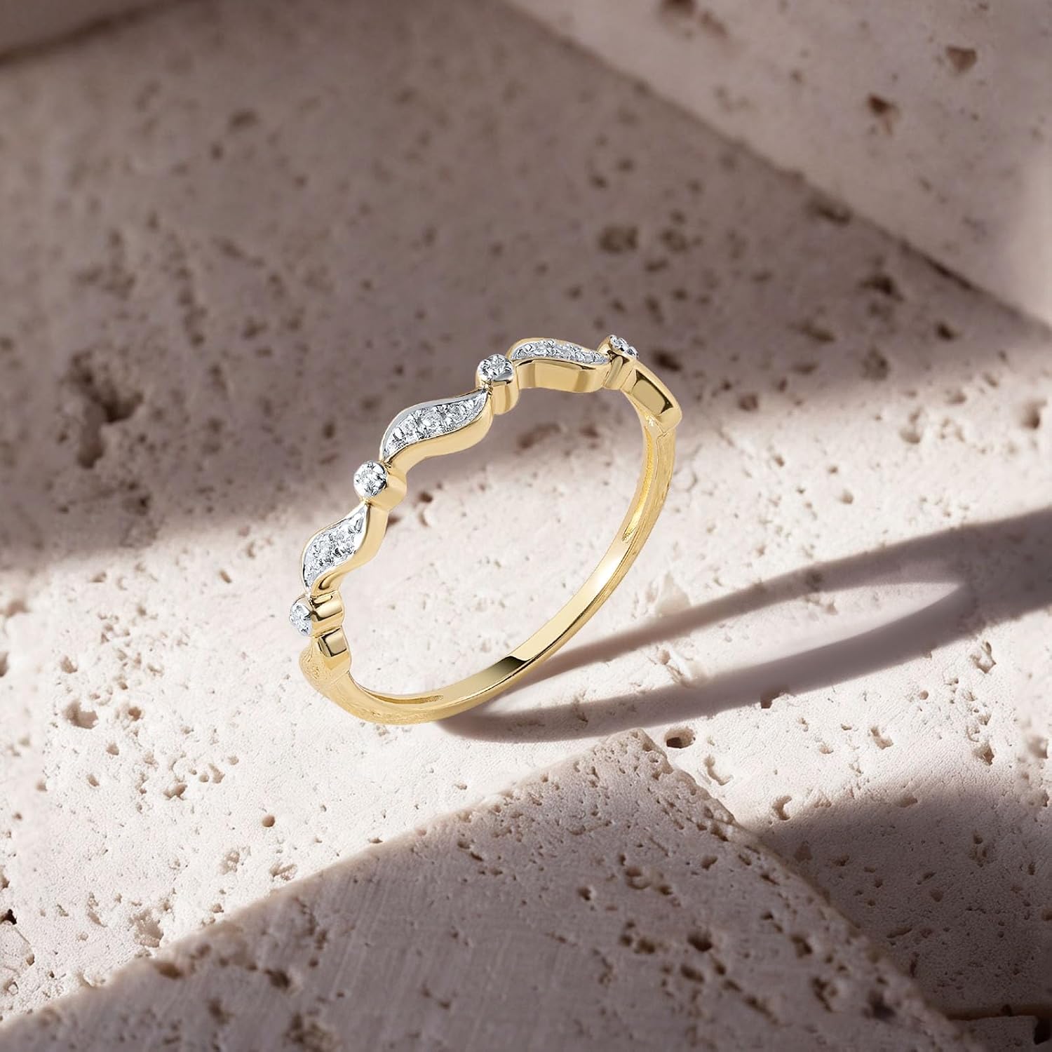 Santuzza 10K Solid Gold Wave Genuine Diamond Dainty Ring for Women