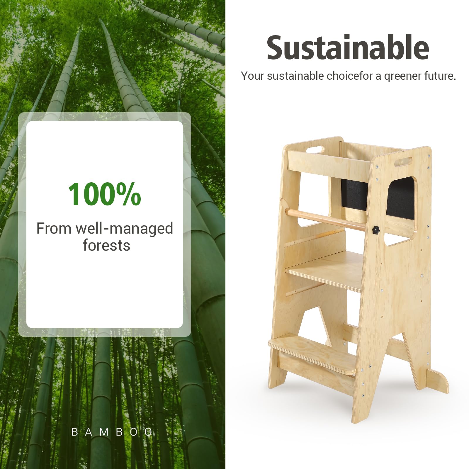 pädagogisch wertvoll Lernturm aus Holz für Kleinkinder | Verstellbarer Küchenhelfer/Tritthocker - rutschfest & kippsicher - mit Sicherheitsgeländer & Tafel - inkl. LCD-Zeichentafel