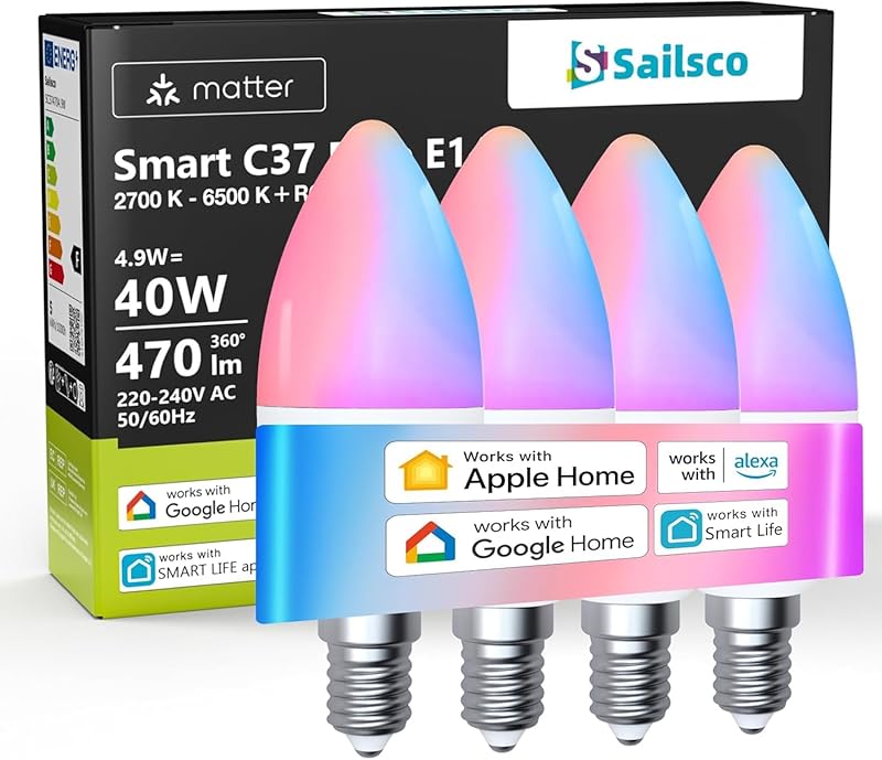 sailsco Ampoule Connectée Matter,Ampoule LED E14 WiFi Intelligente Compatible avec Alexa et Smart Li