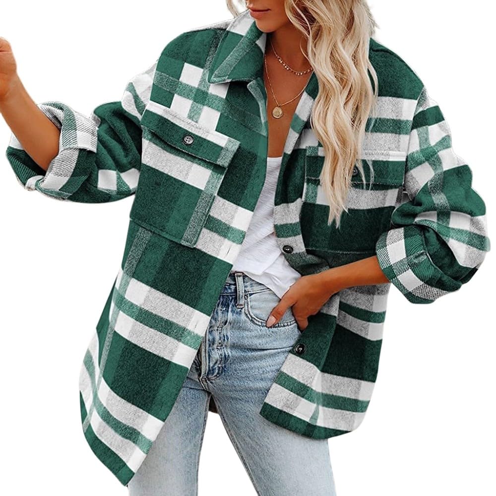 Langarmshirt Damen,Karierte Bluse Für Damen, Flanell-Tartan-Jacke, Langärmliges Hemd, Vintage-Grau, Dicker Reversmantel Aus Wollmischung, Hemdjacke Mit Knopfleiste, Lässige Baggy-Stil-Outwear-Win