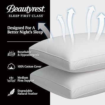 Beautyrest Goose Feather Down Fiber Gusseted Pillows,Queen/Jumbo Size of 2 | Firm Hotel Pillow Luxury Bed Pillows, 100% Cotton Cover