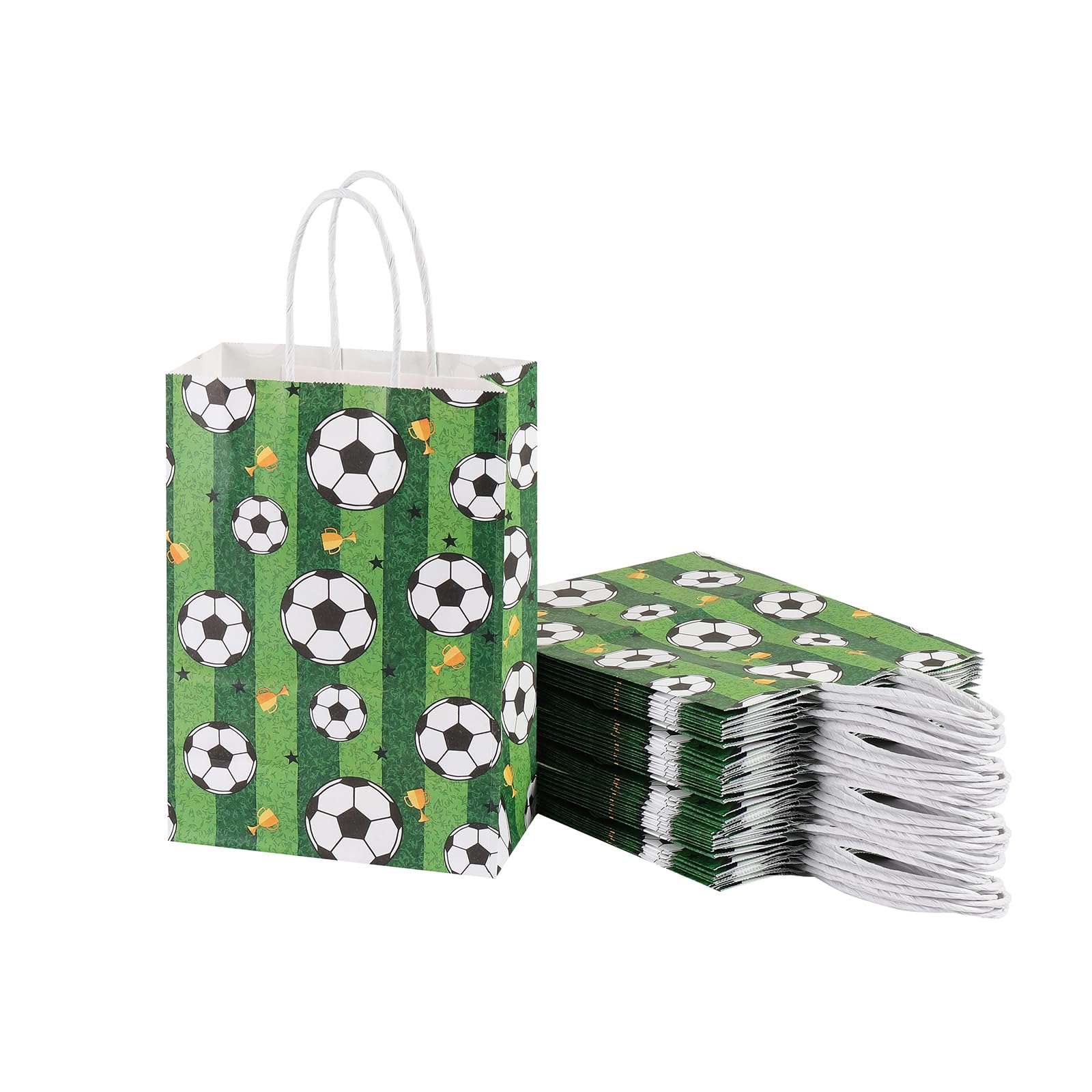 piqiya 24Pcs Soccer Party Favor Paper Bags, Football Themed Party Bags with Handles, Soccer Goodie Bags Back to School Season Gift Bag for Football