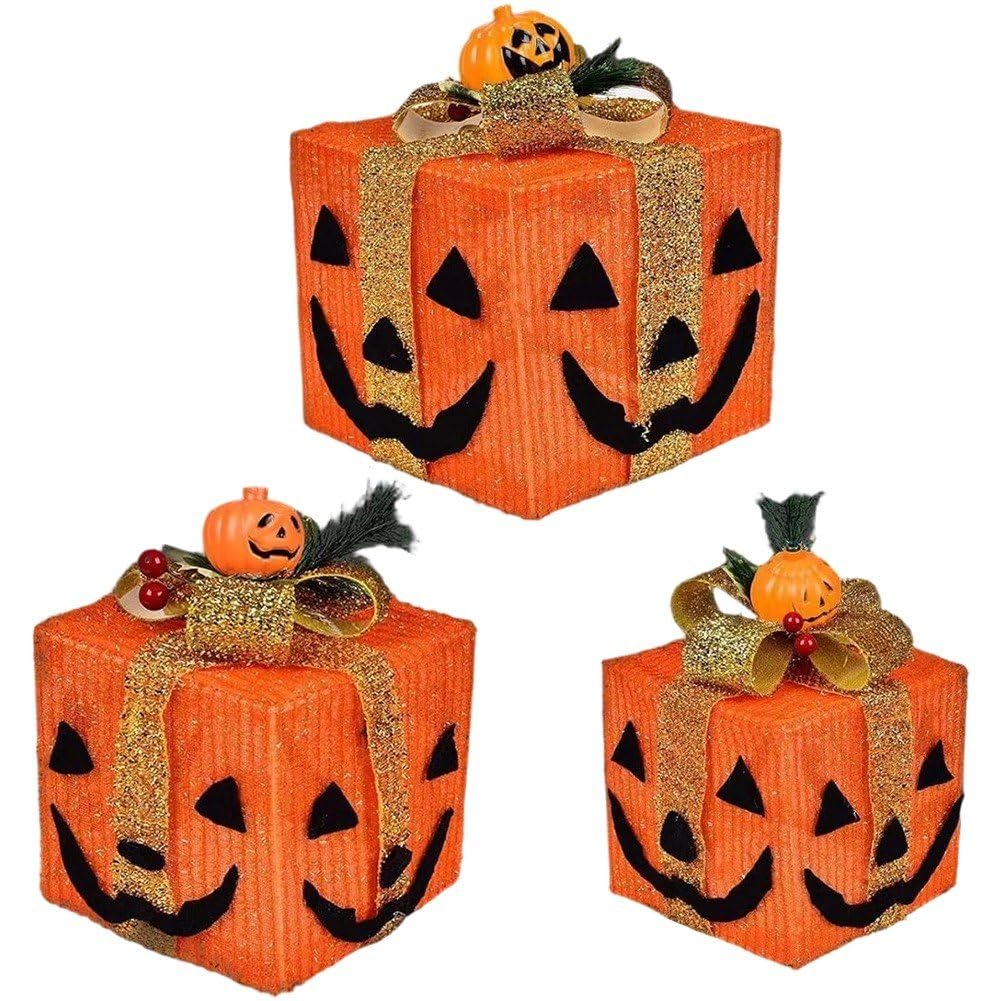 Confezione 3 Decorazioni Luminose a Forma di Zucca di Halloween, Scatola Regalo -o-Lantern con LED, Decorazioni di Halloween, per Casa, Il Giardino E Le Feste.